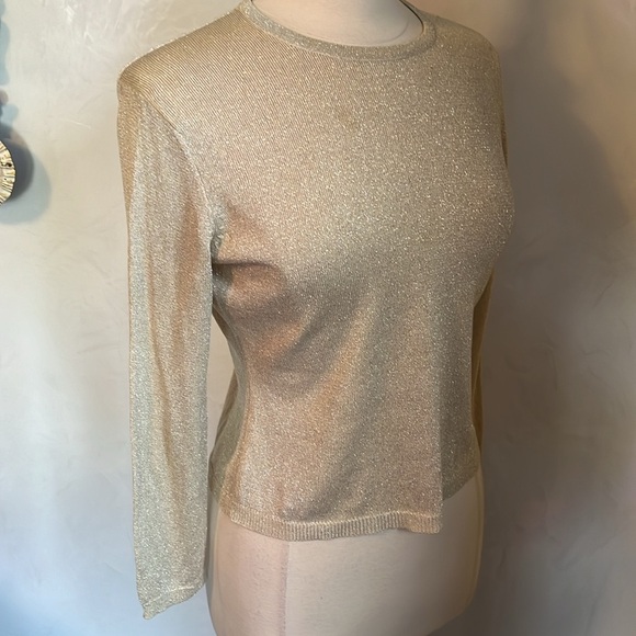Ann Taylor Silk Blend Gold Sparkly pull over Top ribbed neck,cuffs & hem Size MP - Picture 3 of 10